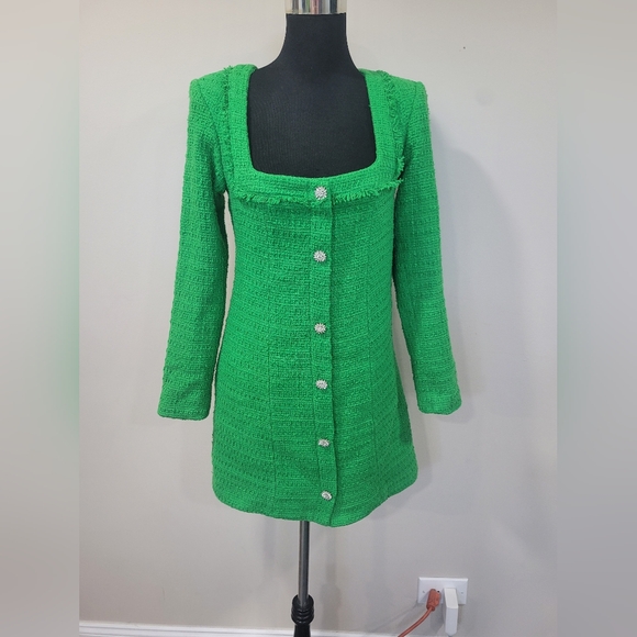 BLOGGER'S FAVE! Zara Elegant Green Tweed Mini Dress With Jewel Buttons NWT - Picture 3 of 9
